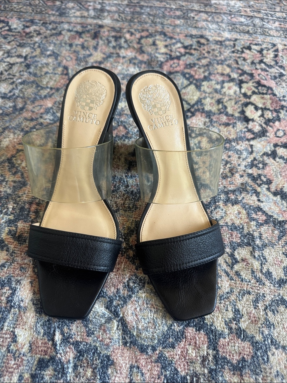 Vince Camuto Black Leather & Clear-Strap Slide Mules